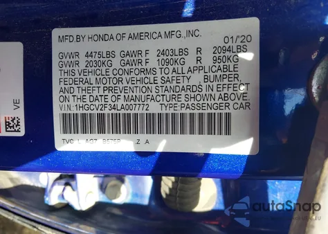 2020 Honda Accord Sport 2.0T z USA, uszkodzony, nr VIN 1HGCV2F34LA007772